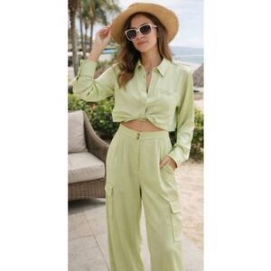 House of Harlow 1960 Lime Green Satin Shirt + Wide Leg Cargo Pant Set  XS/S